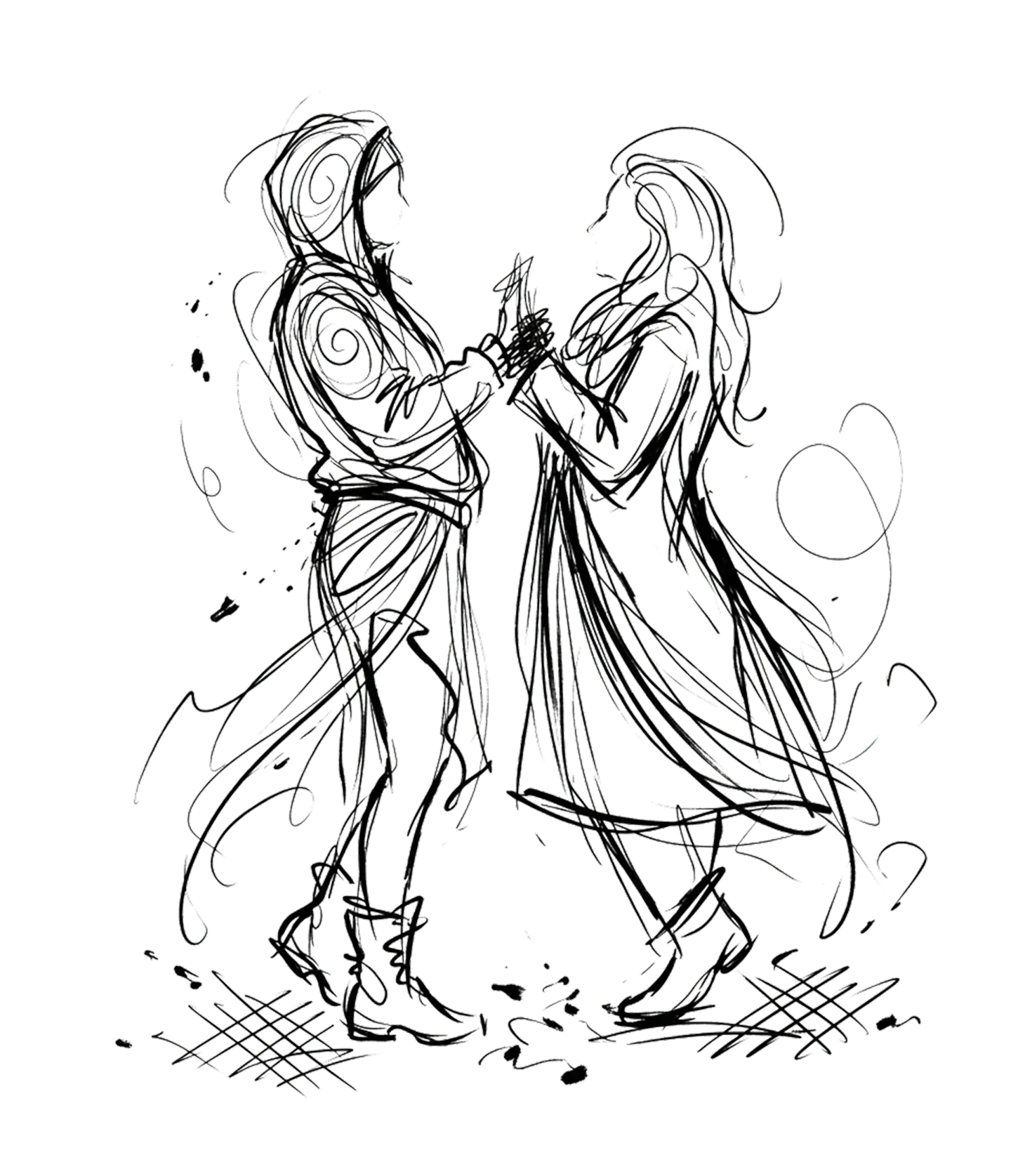 Two figures facing each other holding hands, loose ink sketch with breathing sketch lines around them