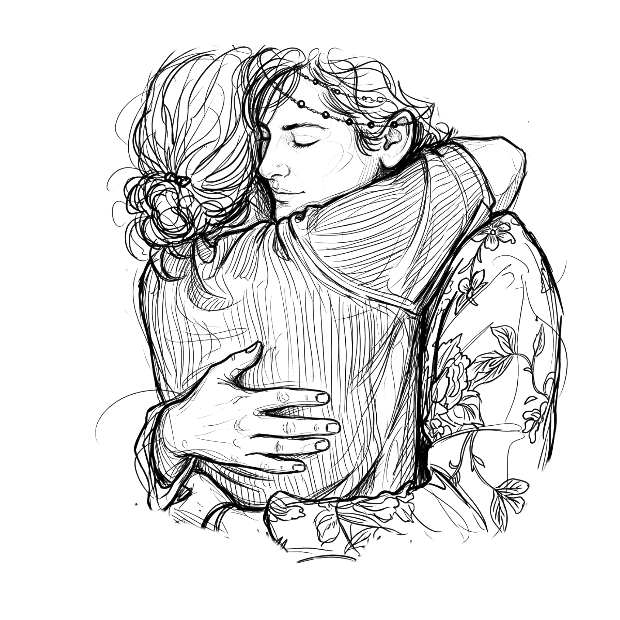 Close-up sketch of a two people embracing, the sketch lines waving like breathing
