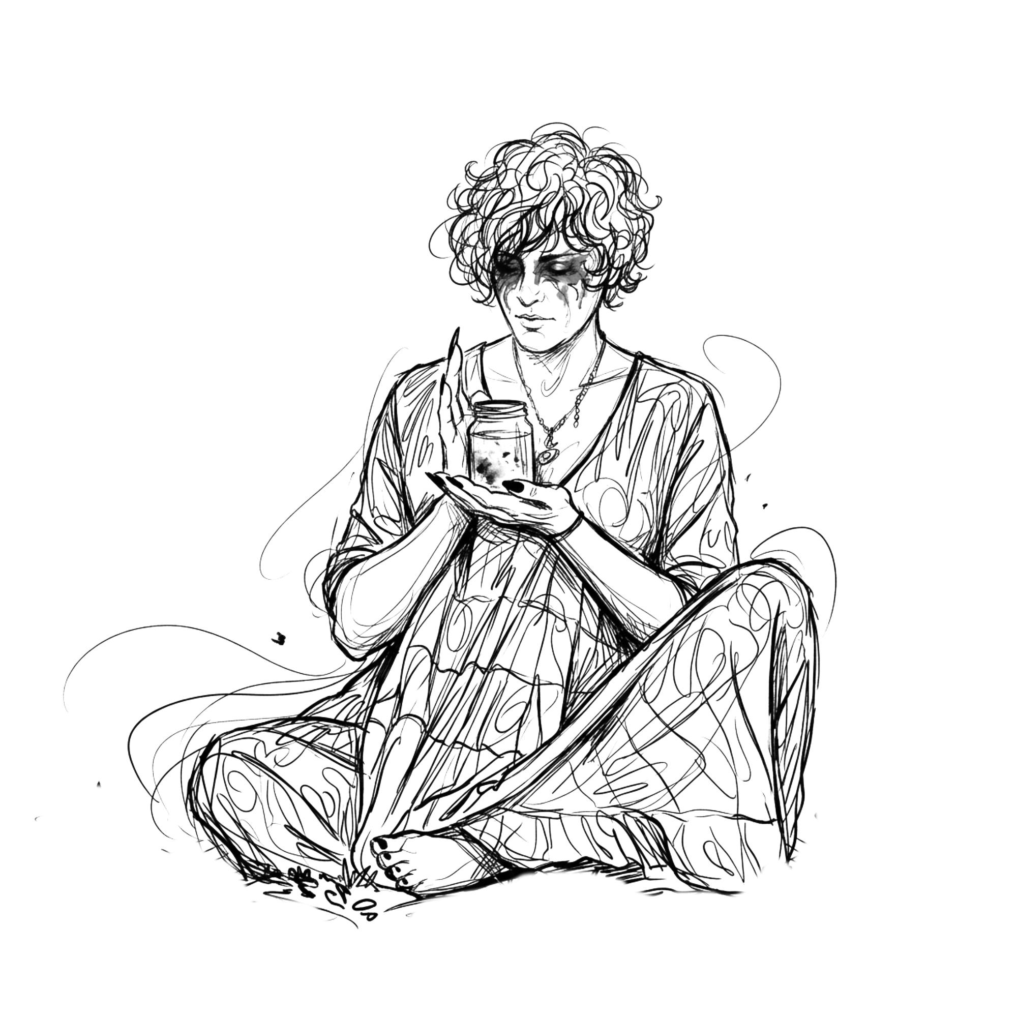 Person seated cross-legged holding a jar, ink sketch, eyes closes breathing calmly