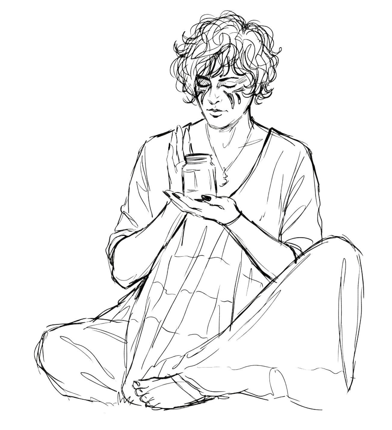Person seated cross-legged holding a jar, ink sketch, eyes closes breathing calmly
