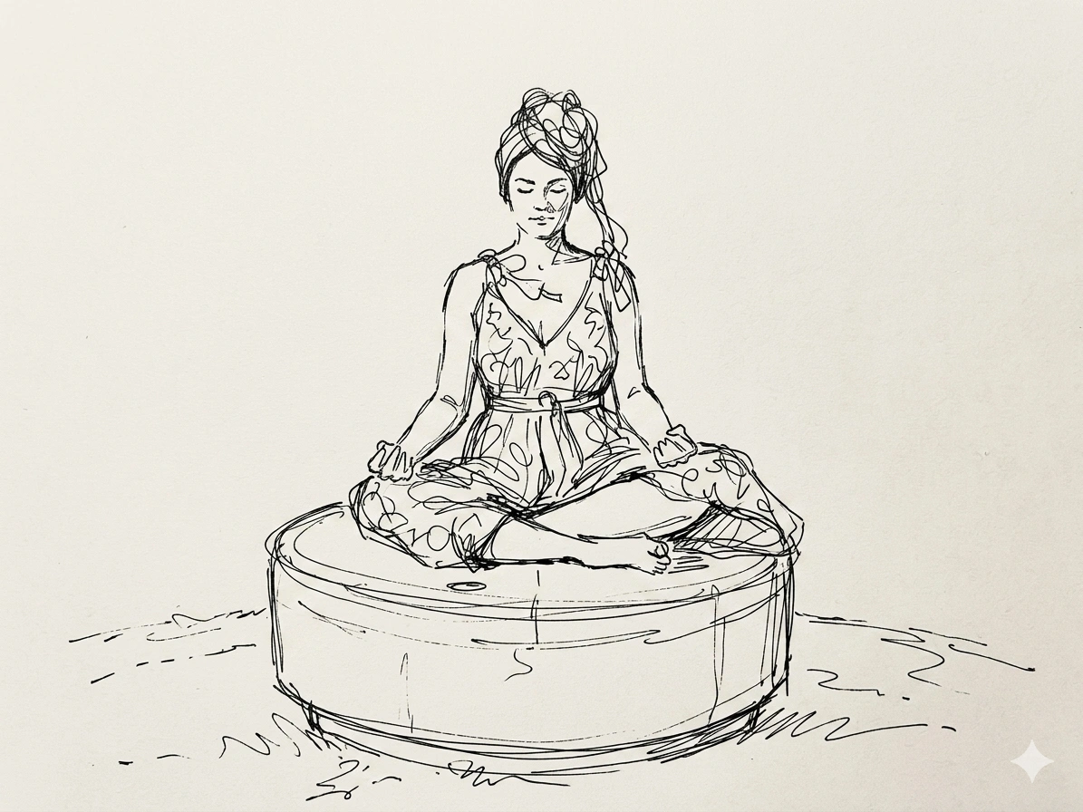 Woman playing frame drum in wild grass running a breathwork session